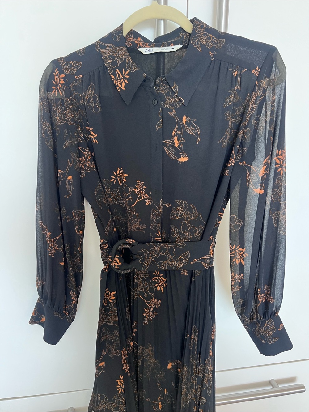 Zara Black Dress with Orange Floral Print and Belt